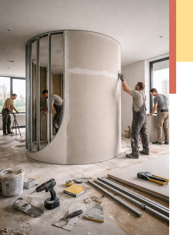 Радиусная перегородка из гипсокартона в Можге от 2937 руб. под ключ | ОТДЕЛОЧНИК-Мжг