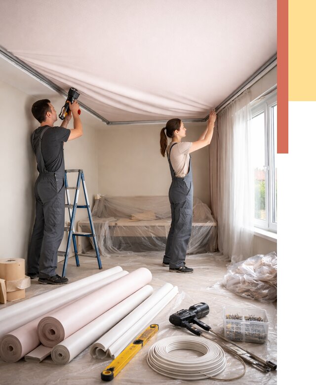 Монтаж цветного натяжного потолка в Можге от 4254 руб/м² — быстро и недорого | ОТДЕЛОЧНИК-Мжг