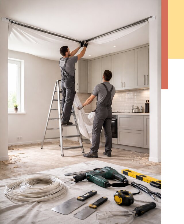 Установка натяжного потолка на кухне в Можге от 2431 руб. | ОТДЕЛОЧНИК-Мжг