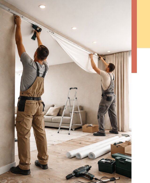 Монтаж натяжного потолка в гостиной в Можге от 557 руб. | ОТДЕЛОЧНИК-Мжг