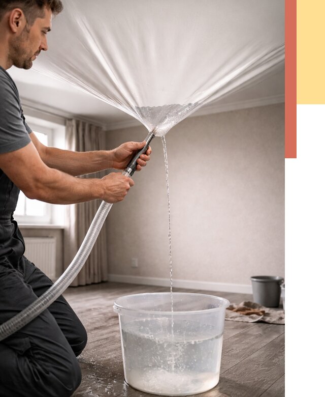 Слив воды с натяжного потолка в Можге от 2532 руб. быстро и недорого | ОТДЕЛОЧНИК-Мжг