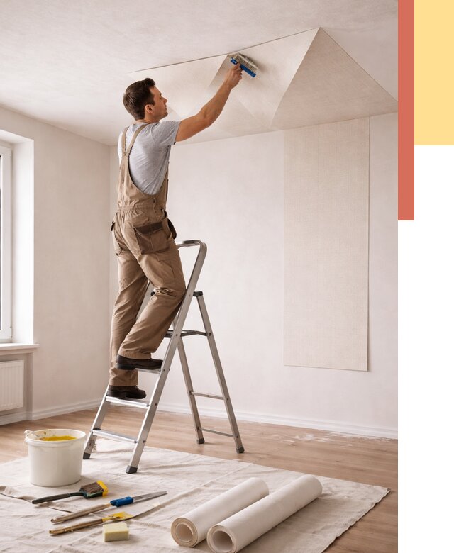 Поклейка обоев на потолок в Можге от 4558 руб. быстро и недорого | ОТДЕЛОЧНИК-Мжг